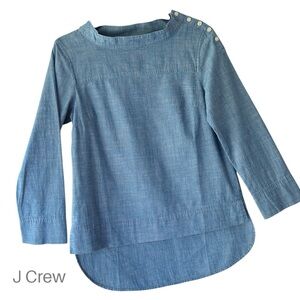 J CREW | NWOT LONG SLEEVE CHAMBRAY COTTON TOP BUTTON SHOULDER HIGH LOW SIZE 00